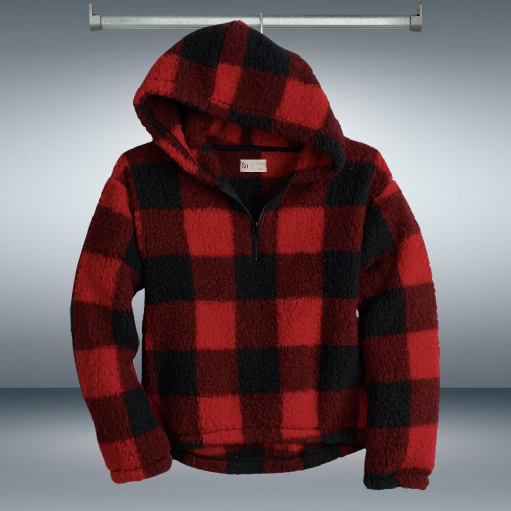 SO Girls Red & Black Cropped Sherpa Quarter Zip Plaid Hooded Pullover